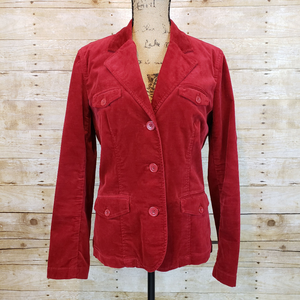 Eddie Bauer Red Velvet Button Front Blazer Jacket